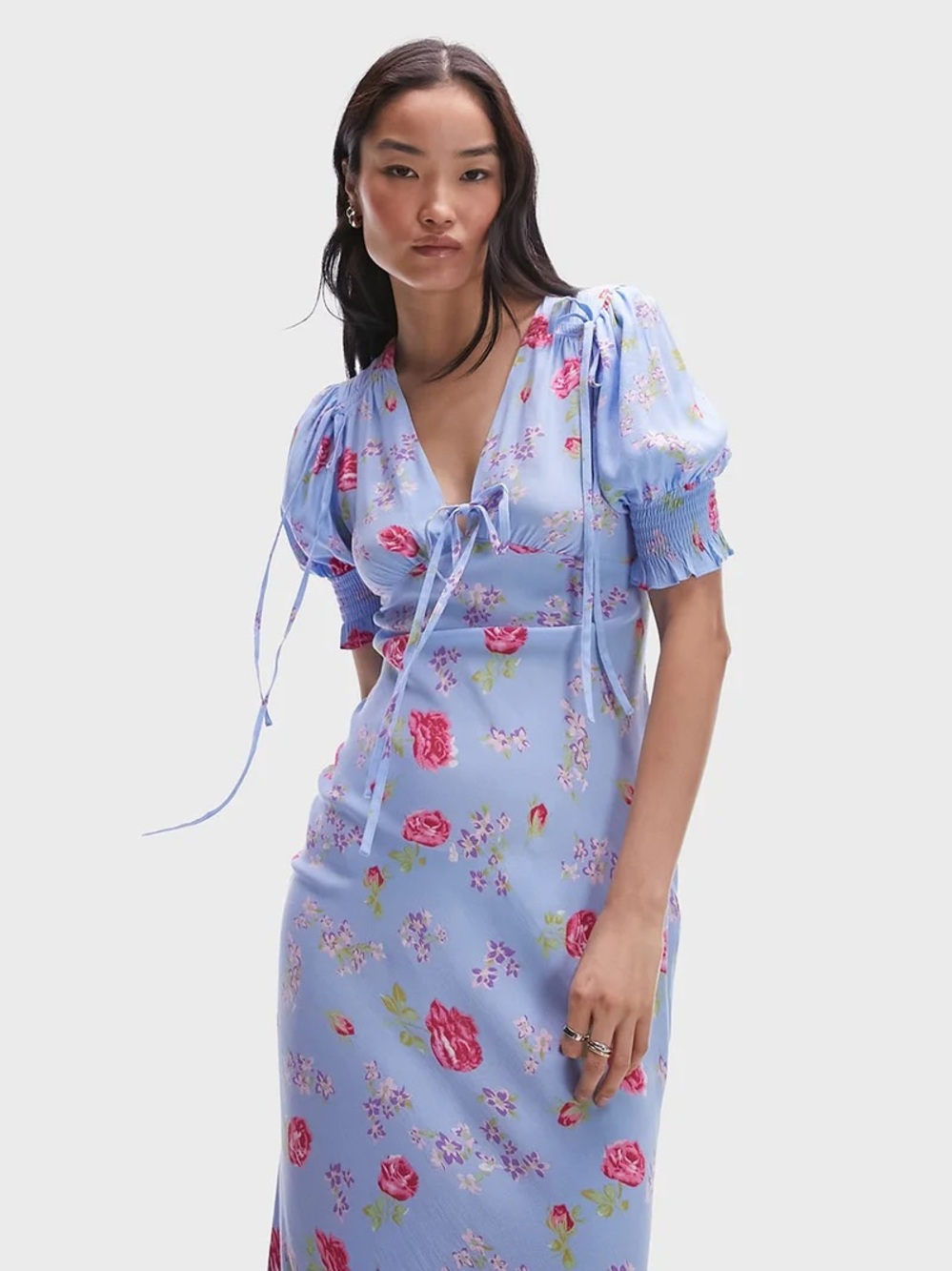 Topshop Blue Floral Maxi Dress Puff Sleeve Cottagecore Fairy Y2K Romantic Bows